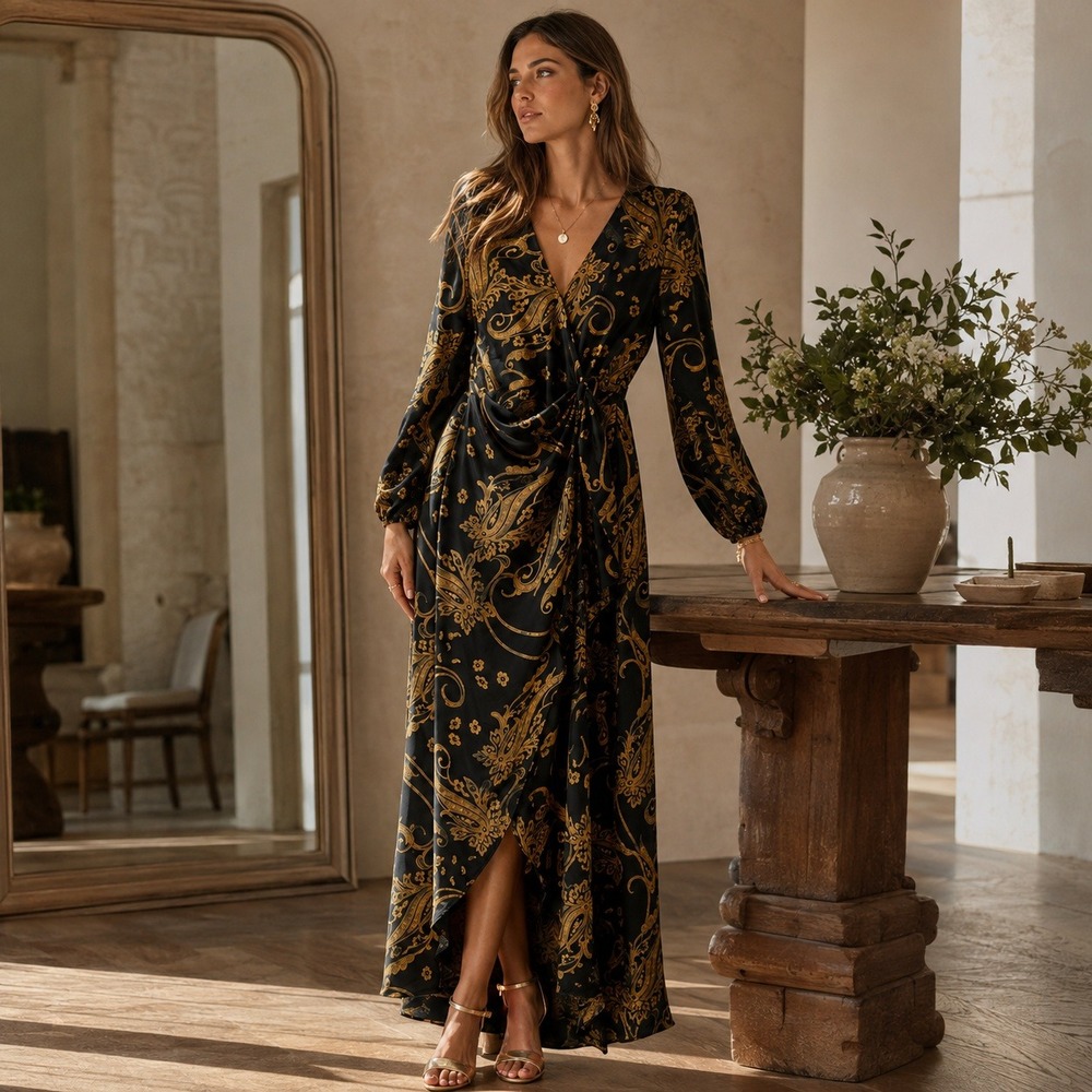 Lulus Womens Wrap Maxi Dress Paisley Long Sleeve NWT Black Gold Small